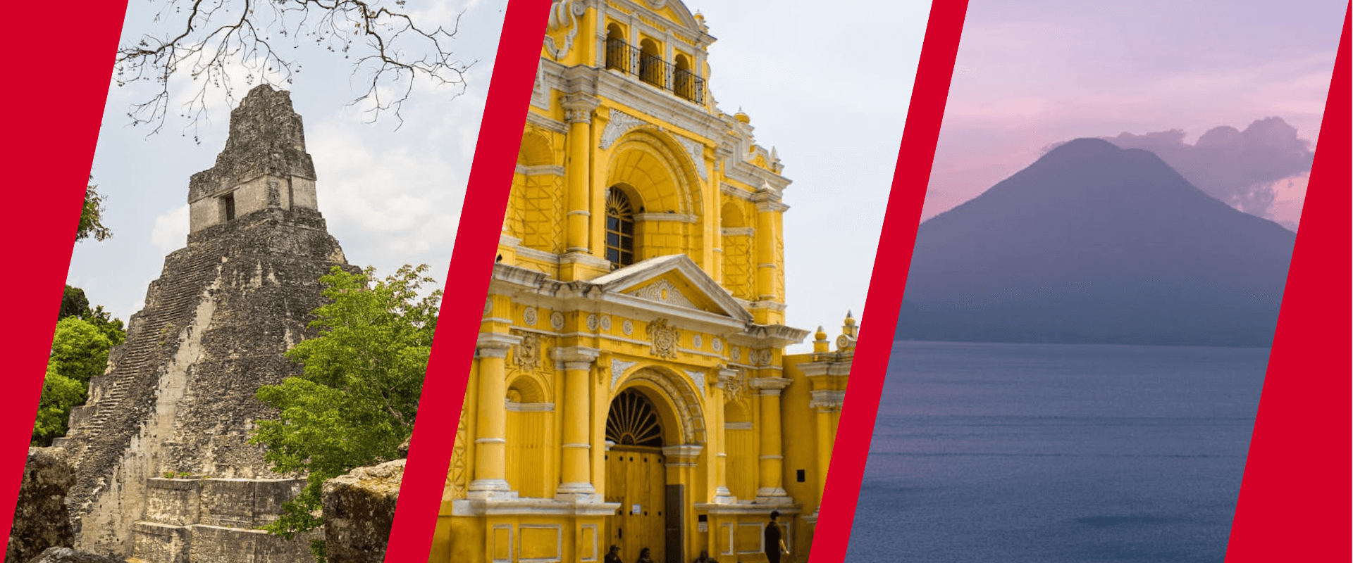 Collage de tres imágenes turísticas de Guatemala: el Templo del Gran Jaguar en Petén, la fachada de una iglesia colonial amarilla en Antigua Guatemala y una vista panorámica del Lago de Atitlán al atardecer.