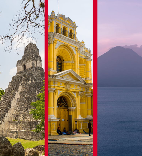 Collage de tres imágenes turísticas de Guatemala: el Templo del Gran Jaguar en Petén, la fachada de una iglesia colonial amarilla en Antigua Guatemala y una vista panorámica del Lago de Atitlán al atardecer.